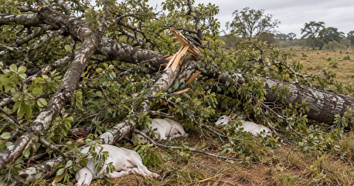 Tragédia no pasto: jatobá cai durante temporal e mata três bezerros em fazenda; vídeo